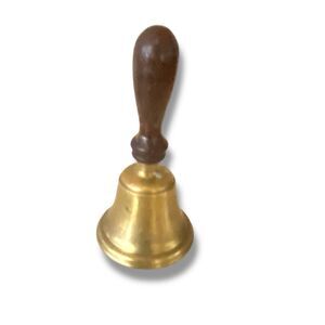 Vintage Brass School Hand Bell with Wood Handle 6.5" Tall
